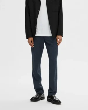 BLUE MID RISE CHECK SLIM PANTS